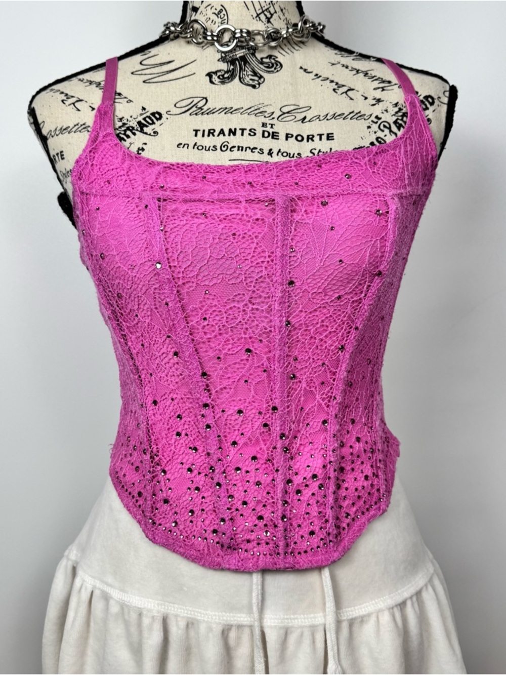 Forever 21 Hot Pink Lace Rhinestone Corset Tank